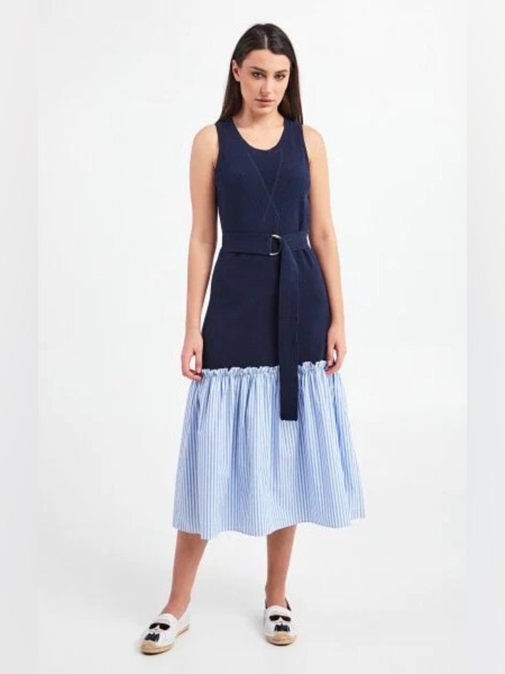 Twinset Navy Tank Dress with Blue Stripe Ruffle